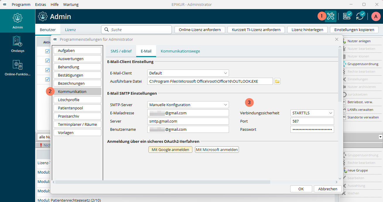 In den Programmeinstellungen des Administrators hinterlegen Sie den SMTP-Server für den Versand. Hinterlegung des SMTP-Servers in den Programmeinstellungen