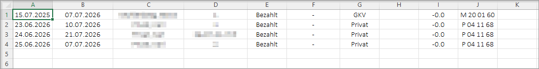 Eingefügte Rechnungsdaten in der Exceltabelle