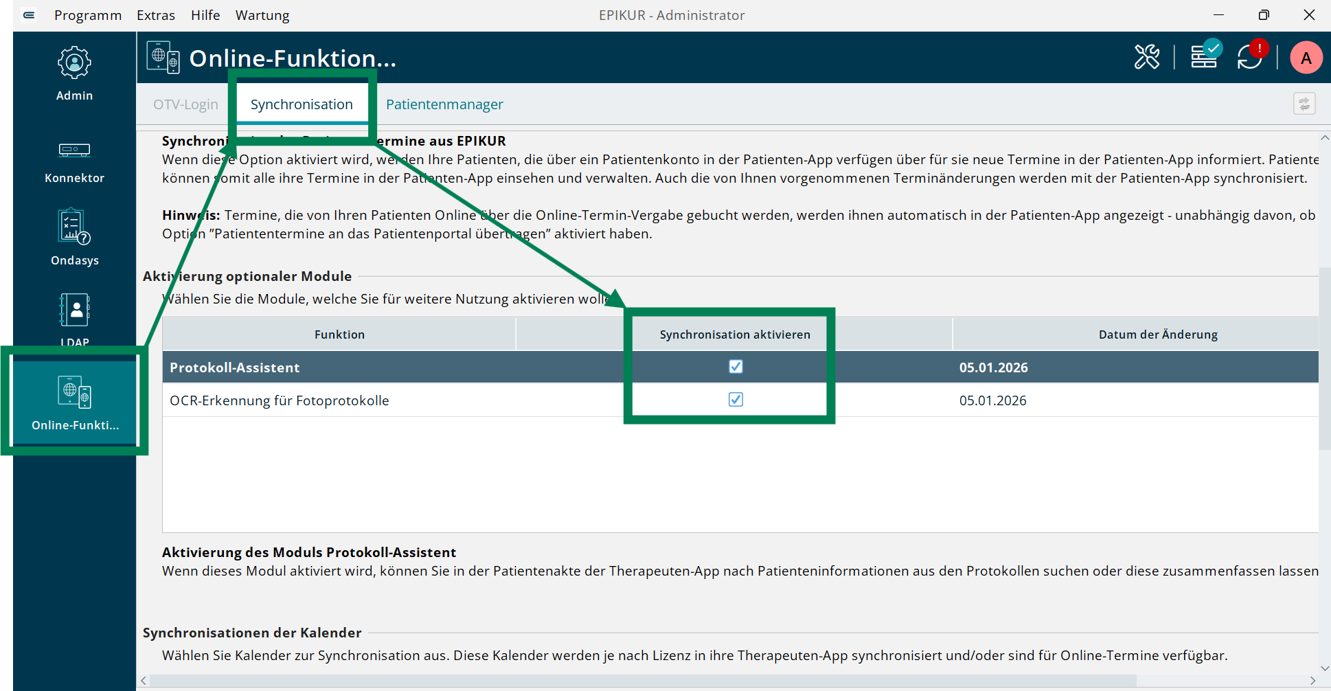 In den Online-Funktionen aktivieren Sie den Protokoll-Assistenten und die OCR-Erkennung.