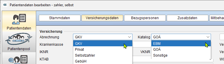 Versicherungsart und Katalog stellen Sie gemeinsam um. Umstellung von Versicherungsart und Katalog