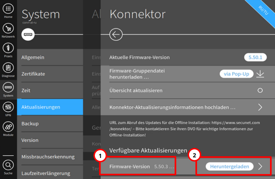 Eine angezeigte Firmware-Version bedeutet, dass ein Update verfügbar ist. Bereich Verfügbare Aktualisierungen mit einer angezeigten Firmwareversion