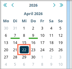 Der gewählte Tag ist im Kalender des Multifunktionspanels blau markiert. Ausgewählter Tag in der Kalenderansicht des Multifunktionspanels