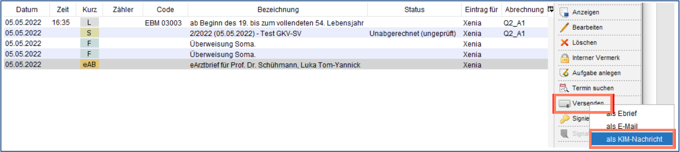Über Versenden und als KIM-Nachricht signieren und versenden Sie den eArztbrief.