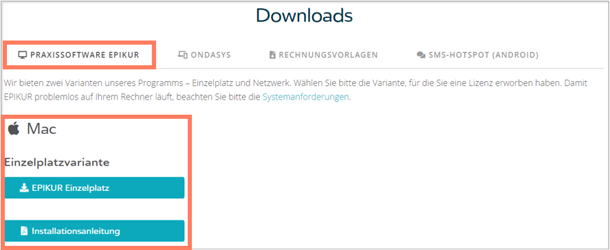 Auswahl der Einzelplatzvariante für macOS Downloadauswahl