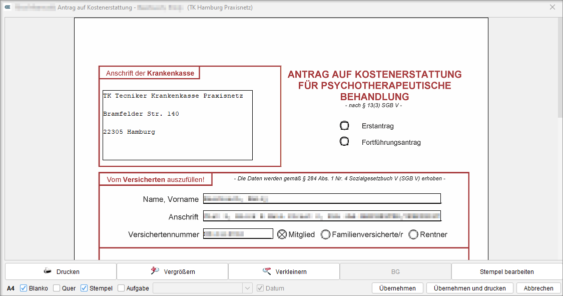 Formular des Antrags auf Kostenerstattung in der Akte