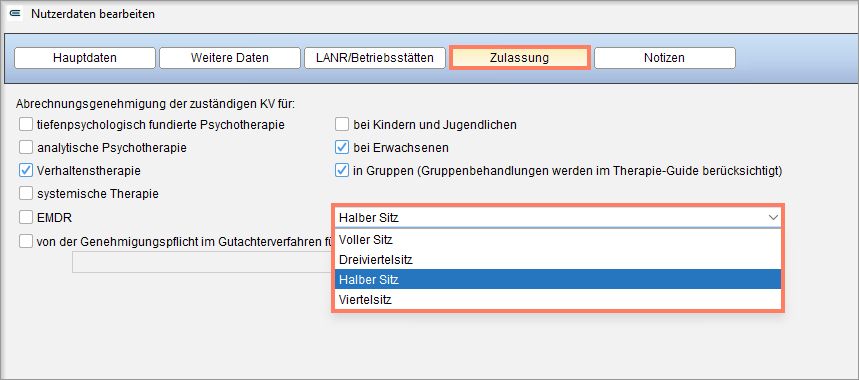 Auf der Registerkarte Zulassung legen Sie den halben Kassensitz fest. Auswahl von Halber Sitz auf der Registerkarte Zulassung