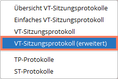 Wählen Sie die Protokollart aus, die Sie exportieren möchten. Auswahl VT-Sitzungsprotokoll (erweitert)