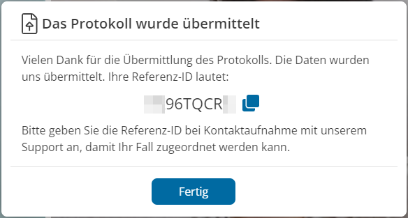 Angezeigte 9-stellige Referenz-ID nach der Störungsmeldung