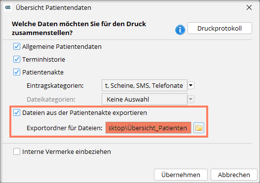 Mit diesem Kontrollkästchen exportieren Sie zusätzlich die Dateien der Akte in einen Ordner. Kontrollkästchen Dateien aus der Patientenakte exportieren