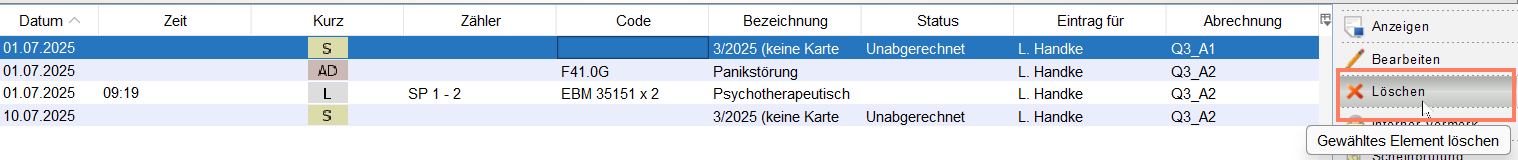Den leeren Schein markieren Sie zum Löschen. Auswahl des zu löschenden Scheins