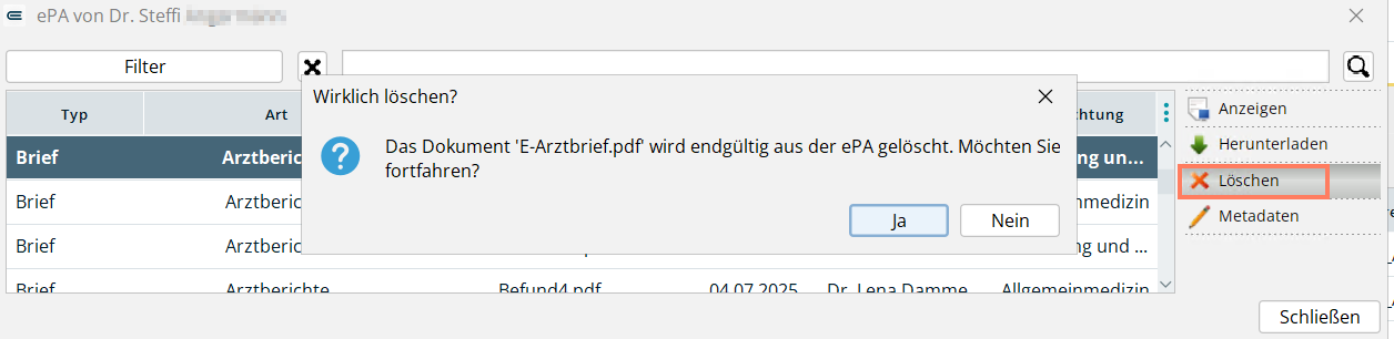 Vor dem endgültigen Löschen fragt EPIKUR nach. Warnung vor dem endgültigen Löschen eines Dokuments