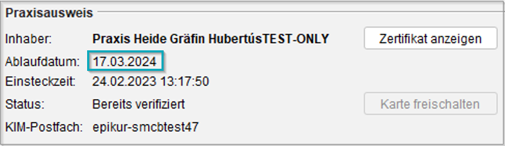 Das Fenster der TI-Ampel nennt das Ablaufdatum des Praxisausweises. Ablaufdatum des Praxisausweises im geöffneten Fenster