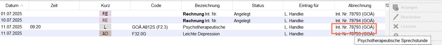 Auswahl der Rechnung in der Spalte Abrechnung