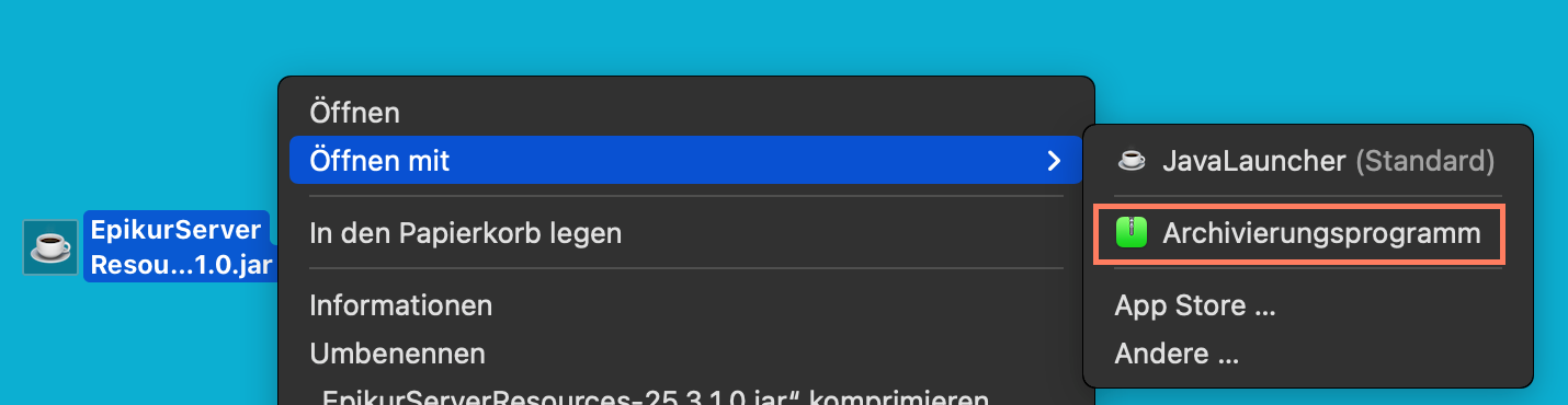 Kontextmenü zum Öffnen der Datei mit dem Archivierungsprogramm