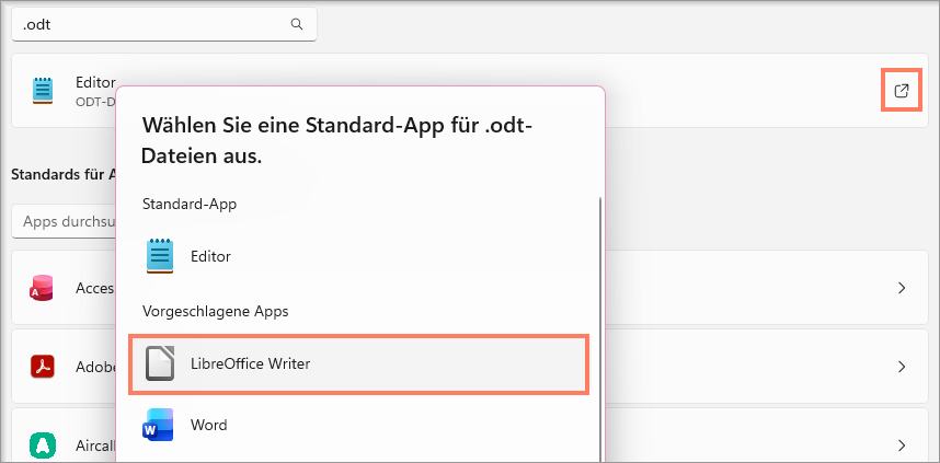 Dialogfenster zur Auswahl der Standard-App