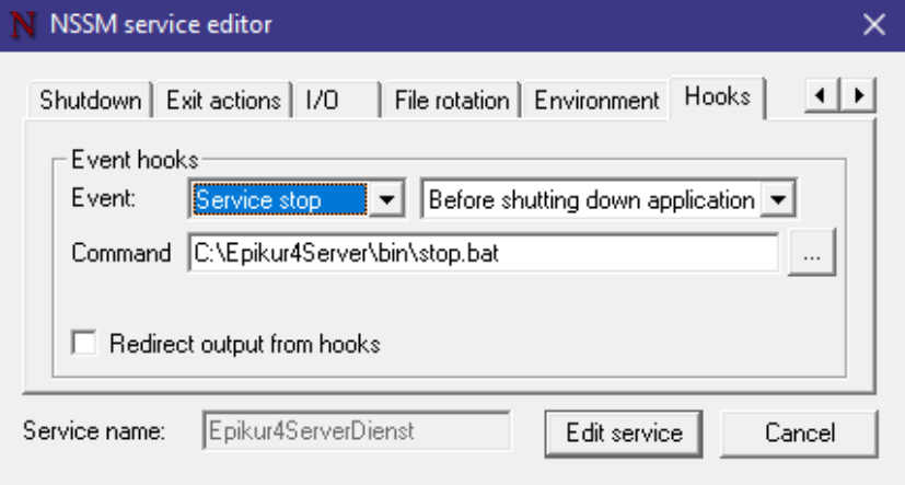 Beim Stoppen des Dienstes ruft NSSM stop.bat auf. Hooks-Reiter mit dem Befehl stop.bat unter Command