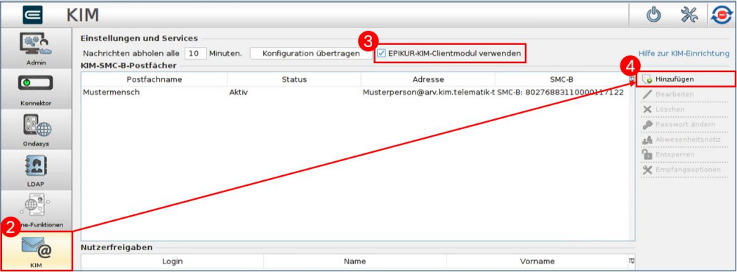 In der Ansicht KIM fügen Sie ein Postfach hinzu.