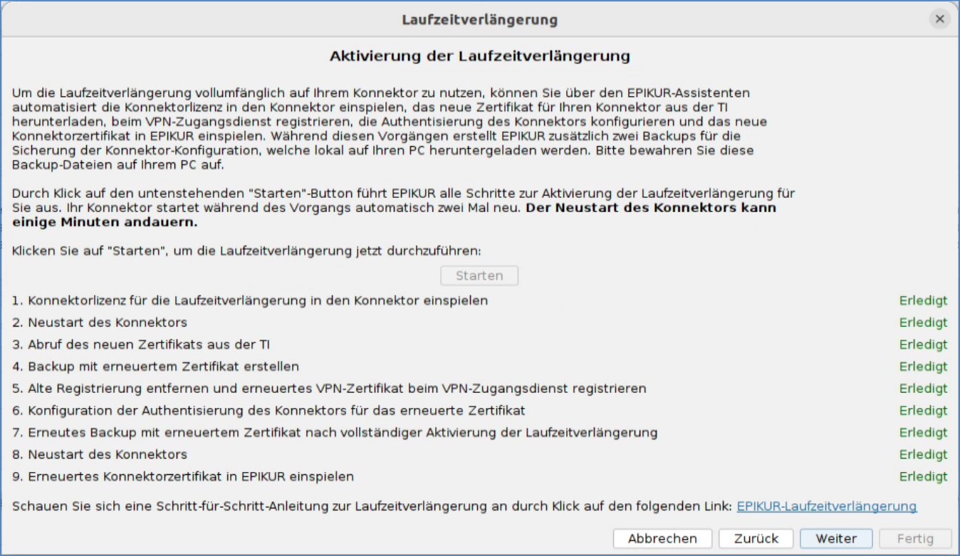 Auf dieser Seite starten Sie die Laufzeitverlängerung und verfolgen die einzelnen Schritte. Aktivierung der Laufzeitverlängerung