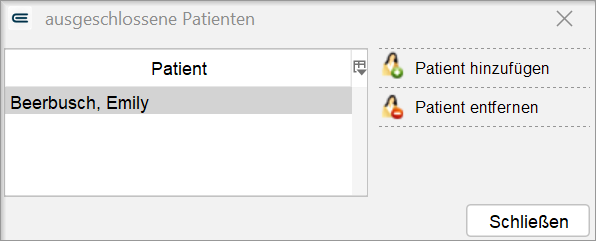 Im Dialogfenster ausgeschlossene Patienten nehmen Sie Ausschlüsse zurück. Maske ausgeschlossene Patienten