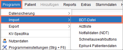 Menüpfad „Programm > Import > BDT-Datei"
