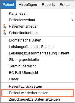 Eintrag Patient wiederherstellen im Menü Patient