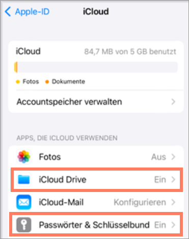 Aktivierte Optionen iCloud Drive und Passwörter & Schlüsselbund