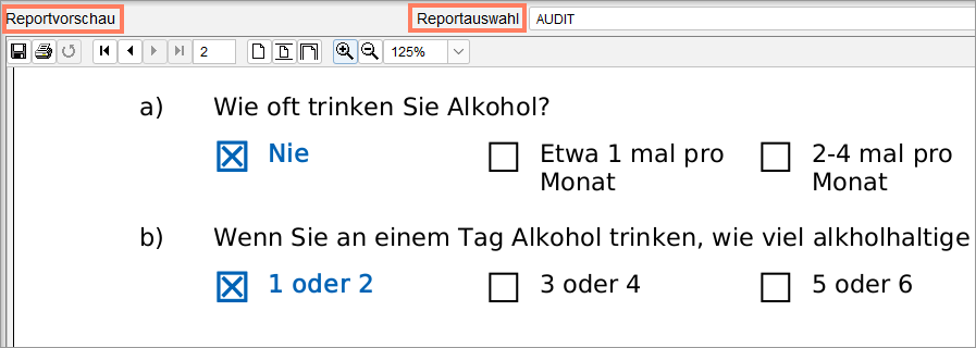 Die Reportvorschau zeigt die Ergebnisse, die Reportauswahl weitere Reports.