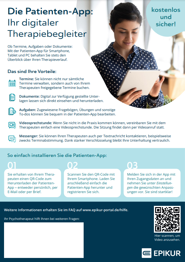 Vorderseite des Patienteninformationsblatts zur Patienten-App. Ansicht des Patienteninformationsblatts der EPIKUR Patienten-App