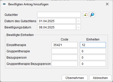 Datum und bewilligte Einheiten eines Antrags anpassen