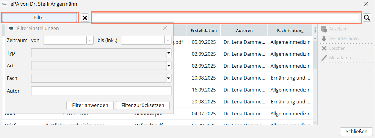 Mit Filter und Suchfeld grenzen Sie die Dokumentenliste ein. Filtern und Suchen von Dokumenten in der ePA