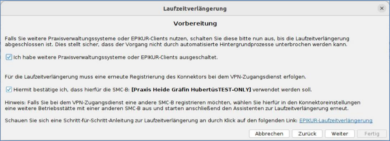 Auf der Seite Vorbereitung bestätigen Sie, dass weitere Systeme ausgeschaltet sind und welche SMC-B registriert wird. Vorbereitung