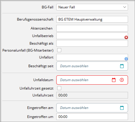 Registerkarte BG-Fall mit Feldern zu Berufsgenossenschaft, Unfallbetrieb und Unfalldatum