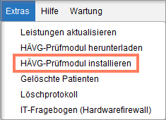 Mit HÄVG-Prüfmodul installieren starten Sie die Installation direkt in EPIKUR. Menüpunkt HÄVG-Prüfmodul installieren in EPIKUR