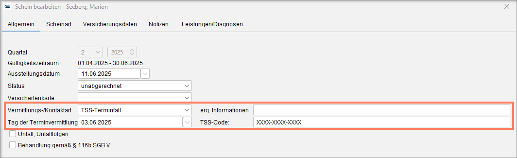 Die Angaben zur Terminvermittlung stehen im Schein. Eingabe von Vermittlungs-/Kontaktart, Tag der Terminvermittlung und TSS-Code im Schein
