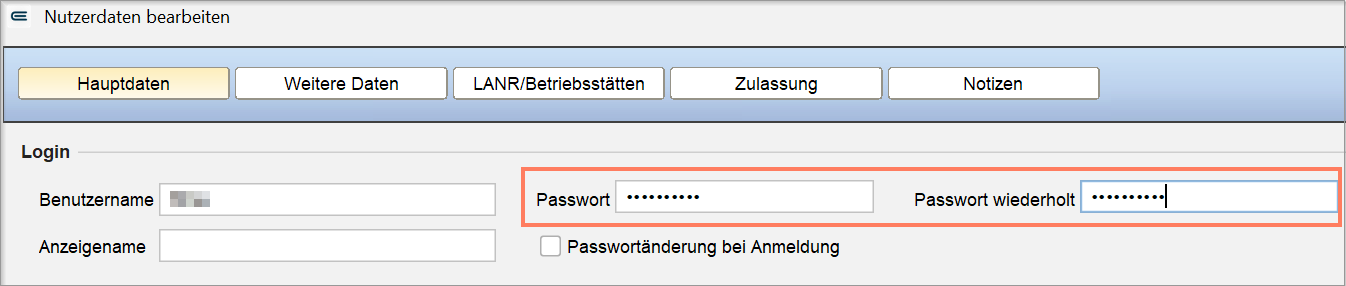 Auf der Registerkarte Hauptdaten vergeben Sie das Passwort für Ihr Benutzerkonto.