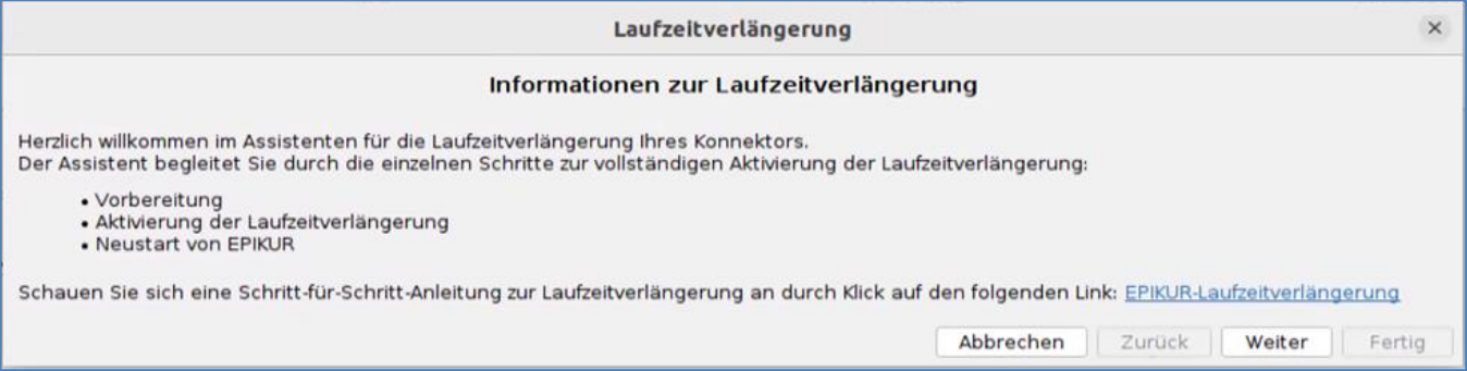 Die erste Seite des Assistenten listet alle Schritte der Laufzeitverlängerung auf. Informationen zur Laufzeitverlängerung