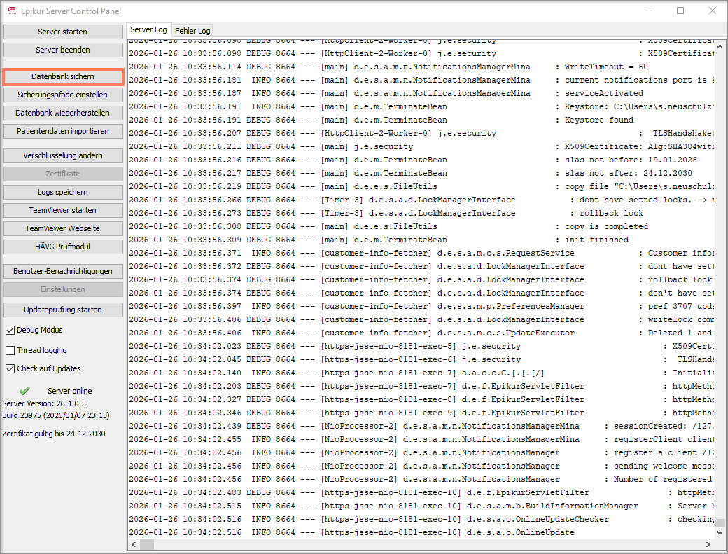 Im Server Control Panel starten Sie die Datensicherung mit Datenbank sichern. Datensicherung über das Server Control Panel erzeugen