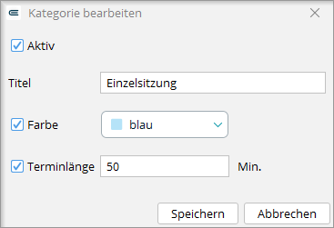 Beispiel einer angelegten Terminkategorie mit Titel, Farbe und Terminlänge