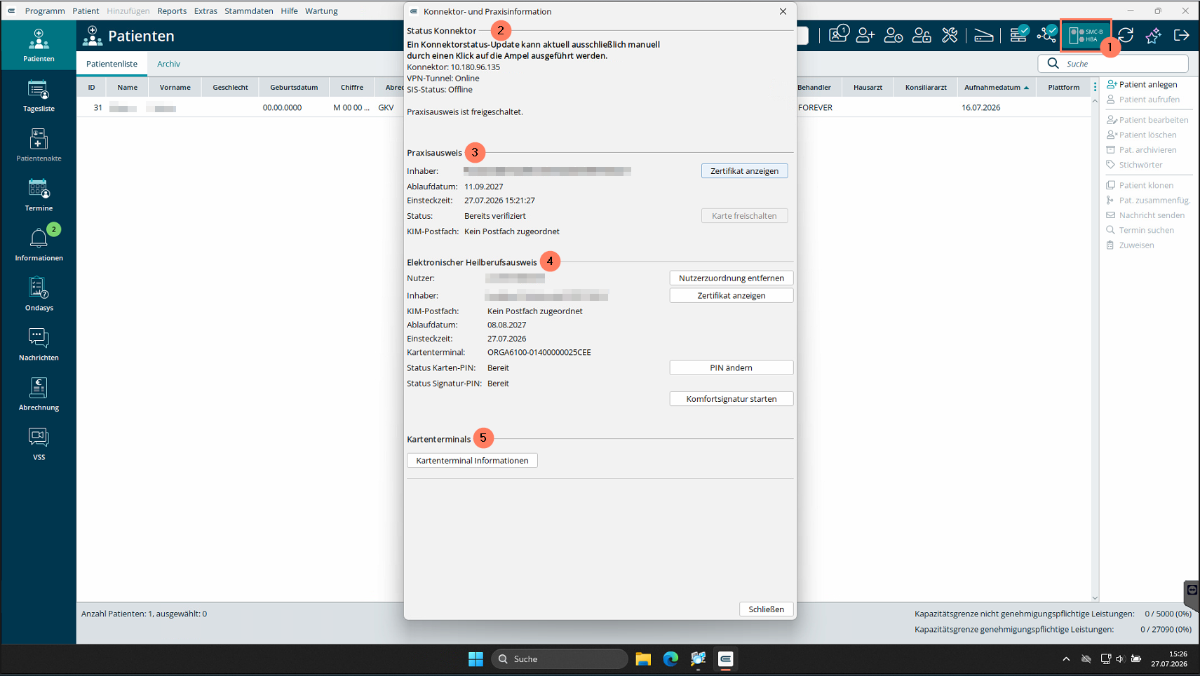 Das Fenster der TI-Ampel zeigt den Status von Konnektor, Karten und Kartenterminal. TI-Ampel-Fenster mit Konnektor- und Praxisinformationen im Benutzerbereich