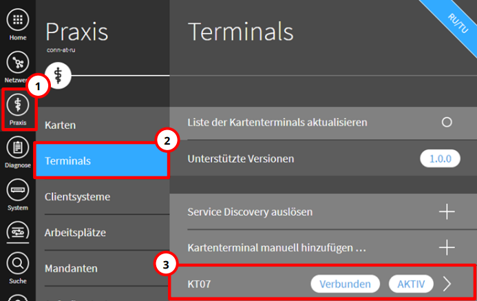 Die Liste der Kartenterminals in der Konnektor-Managementoberfläche. Terminal-Liste in der Konnektor-Management-Oberfläche