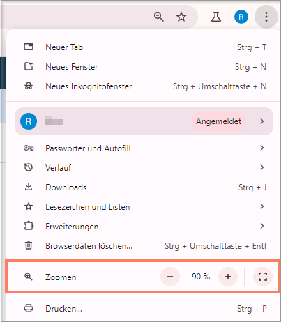 Zoomen-Button im Drei-Punkte-Menü des Browsers