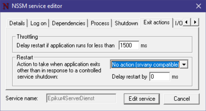 No action verhindert, dass NSSM den beendeten Server neu startet. Exit-actions-Reiter mit der Option No action bei Restart