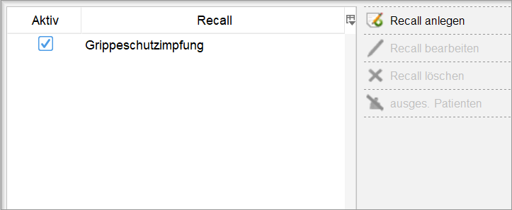 Oben links legen Sie Recalls an und bearbeiten sie. Bereich zum Anlegen und Bearbeiten eines Recalls