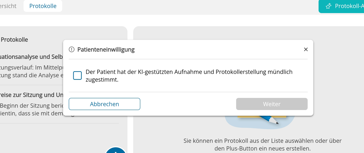 Auch vor dem Hochladen einer Audiodatei fragt die Therapeuten-App die Einwilligung ab. Fenster Patienteneinwilligung beim Hochladen einer Audiodatei