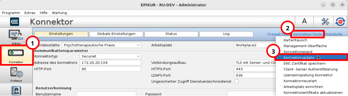 Administrator-Einstellungen mit der Schaltfläche Konnektorupdate