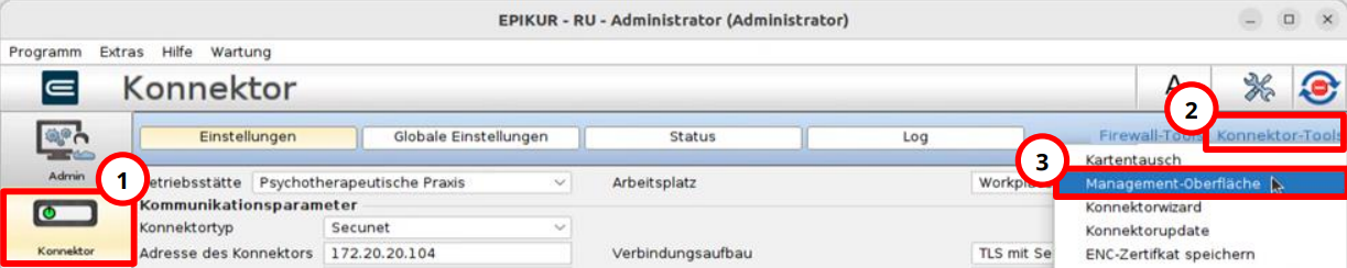 Administrator-Einstellungen mit den Schaltflächen Konnektor, Konnektor-Tools und Management-Oberfläche