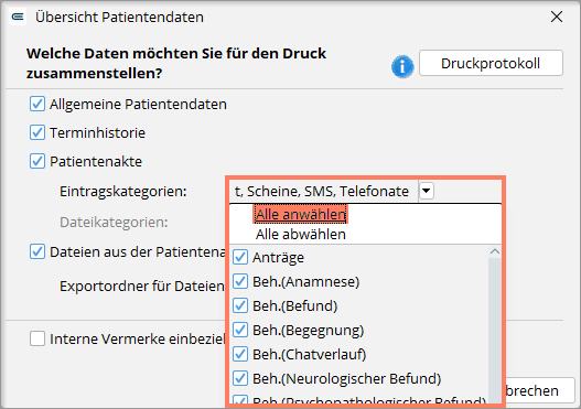 Hier legen Sie fest, welche Eintragskategorien der Patientenakte in die PDF-Datei kommen. Auswahl der Eintragskategorien im Fenster Übersicht Patientendaten