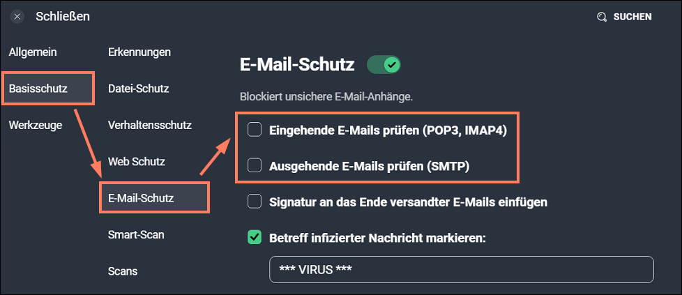 Deaktivierte Kontrollkästchen für den E-Mail-Schutz im Antivirenprogramm AVG