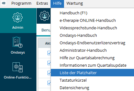 Die Liste der Platzhalter öffnen Sie über das Menü Hilfe. Liste der verfügbaren Platzhalter im Hilfe-Menü