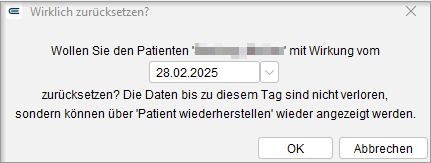 Eintrag Patient zurücksetzen im Menü Patient